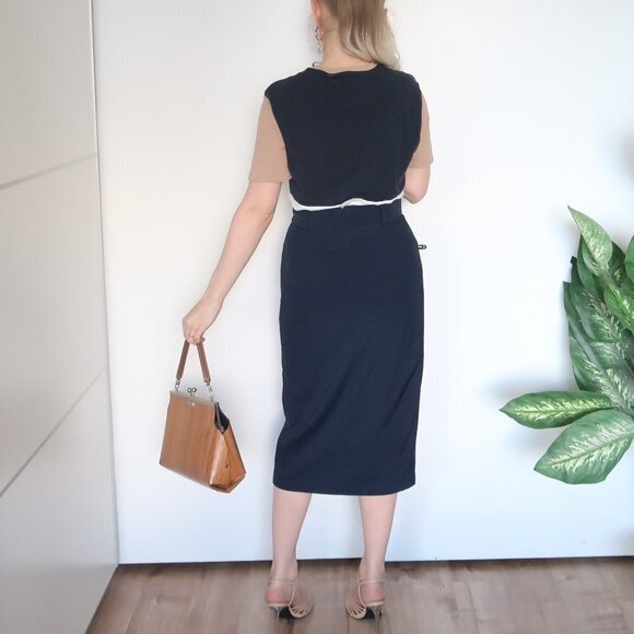 Zarina Smart Navy Blue False Wrap Midi Career Pencil Skirt With Belt S - Picture 9 of 16